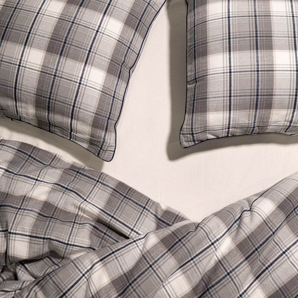 Close up of Blue and White Plaid Organic Flannel Duvet Cover Set